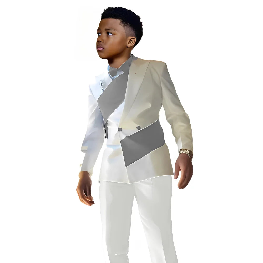 White satin boys' suit 2-piece set with blazer and pants, tailored slim fit tuxedo for kids ages 2-16, by Showlu Smart General.