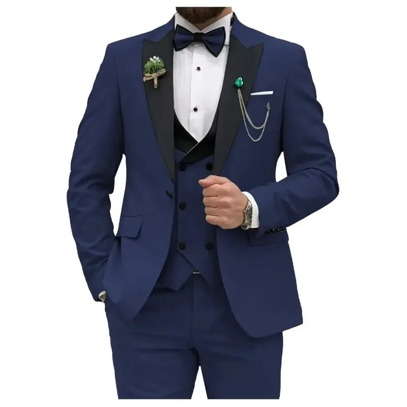 Royal blue men's 3-piece slim fit suit with double-breasted blazer and matching trousers, stylish formal attire by Showlu Fashion.