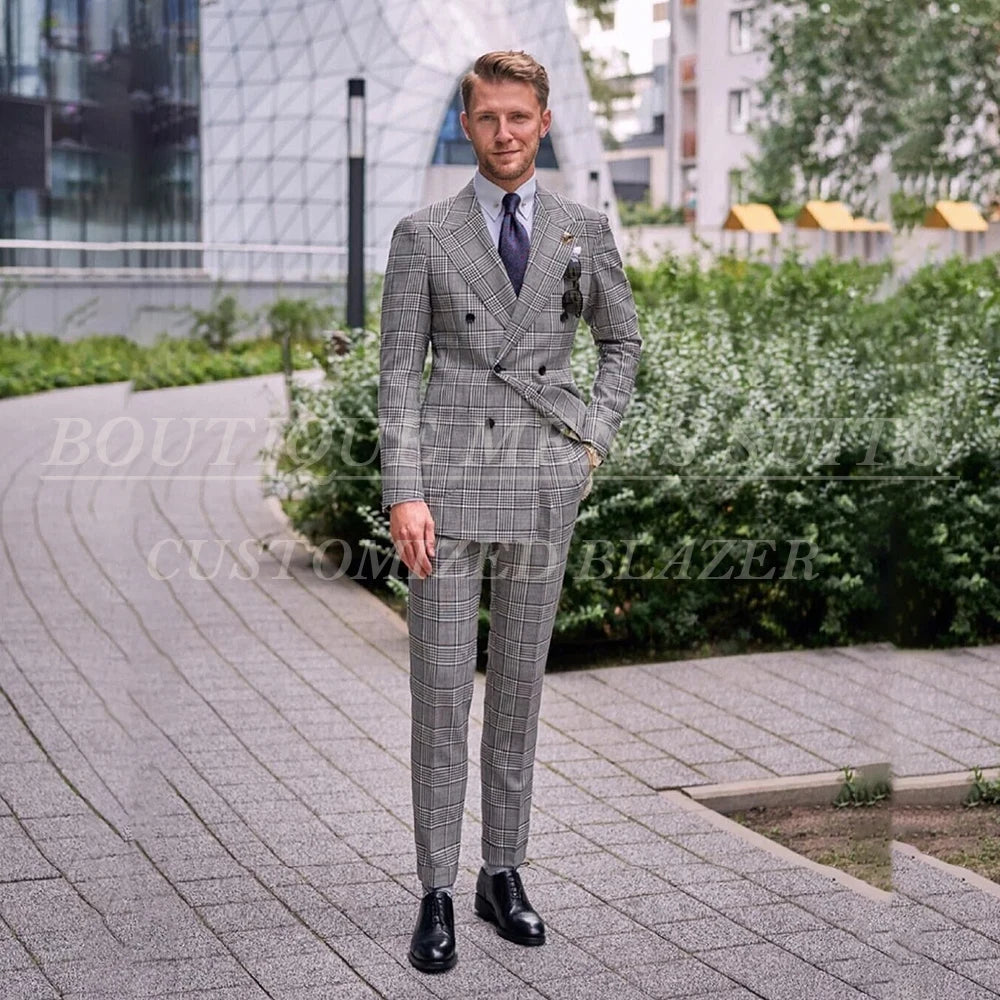 Men's slim fit double-breasted suit with peak lapel, shown in a formal blazer style, from Showlu Fashion Store.