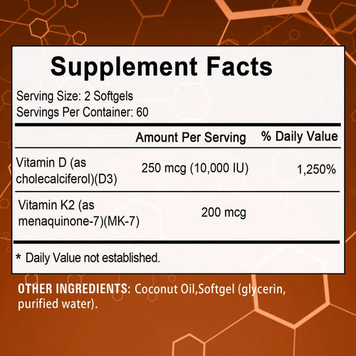 2-in-1 Vitamin D3 K2 Supplement Softgel, 10000 IU VIT D3 + 200 MCG Vitamin K2, Support Calcium Absorption in Bones