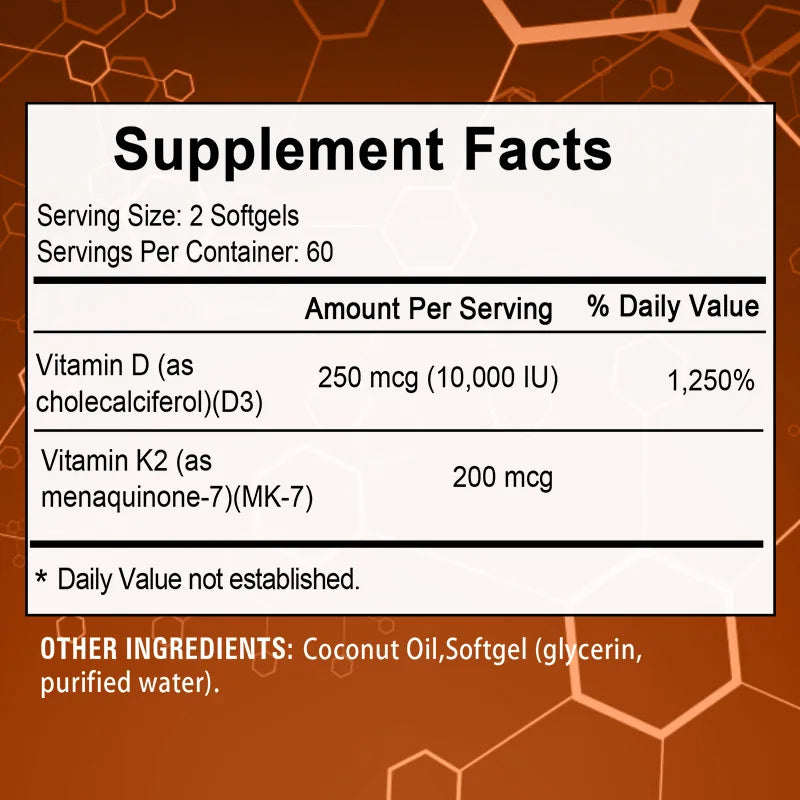 2-in-1 Vitamin D3 K2 Supplement Softgel, 10000 IU VIT D3 + 200 MCG Vitamin K2, Support Calcium Absorption in Bones