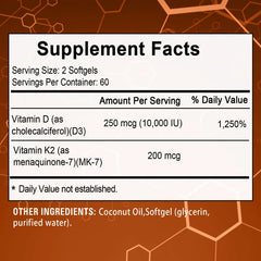 2-in-1 Vitamin D3 K2 Supplement Softgel, 10000 IU VIT D3 + 200 MCG Vitamin K2, Support Calcium Absorption in Bones
