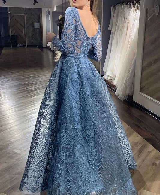 Luxury Long Sleeve Sexy V Neck Evening Dress Blue Women Beading Crystal Dubai Arabic Formal Occasions Prom Gown Vestidos Noche SHOWLU FASHION STORE