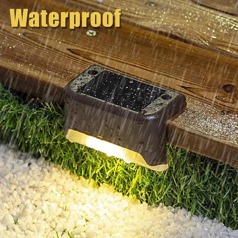 Solar waterproof deck step lights by Showlu Smart General, installed along outdoor stairs, illuminating steps with bright LED light