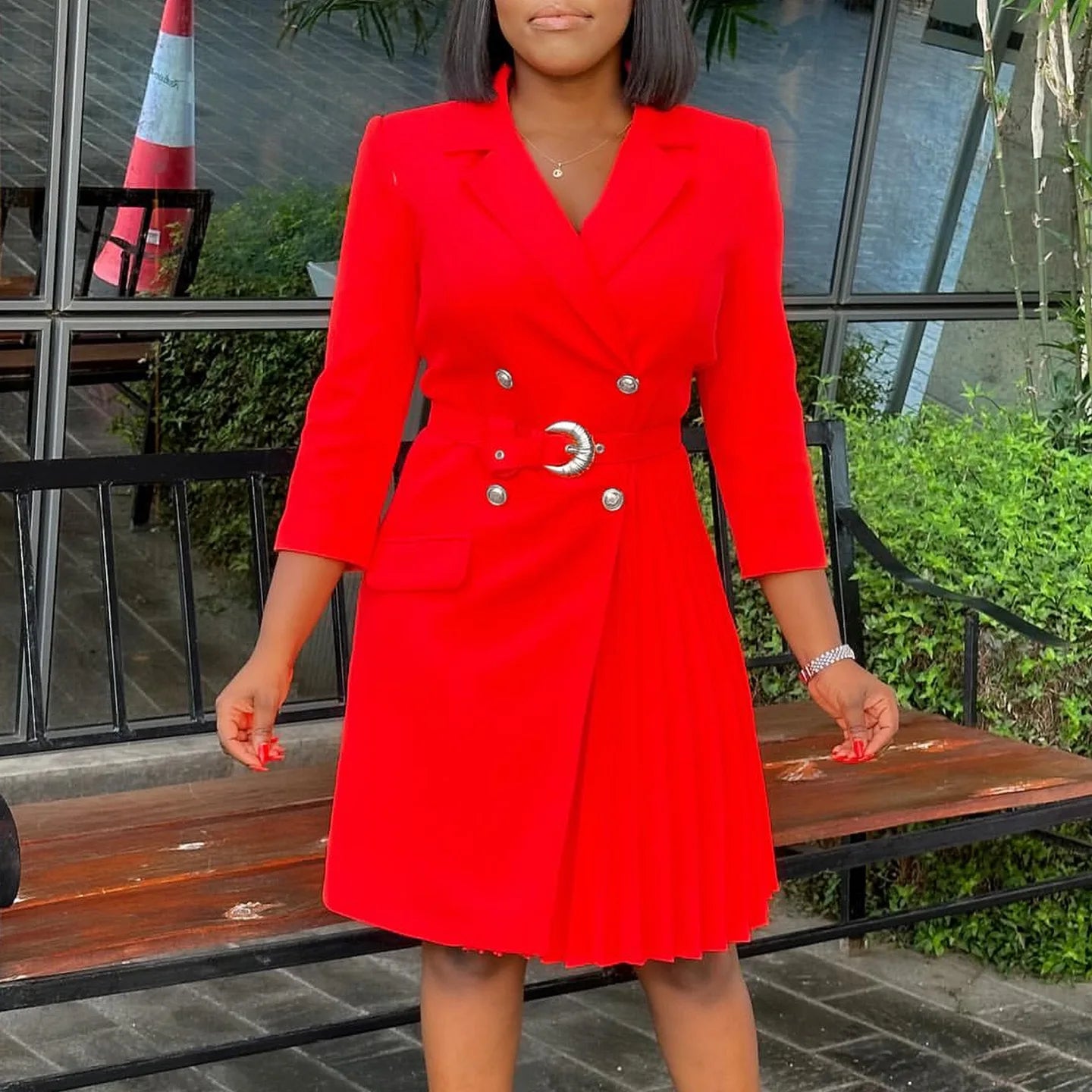 Elegant women's 2024 autumn winter dress with notched collar, full sleeves, sash, pleated mid-calf length, solid fashion style.