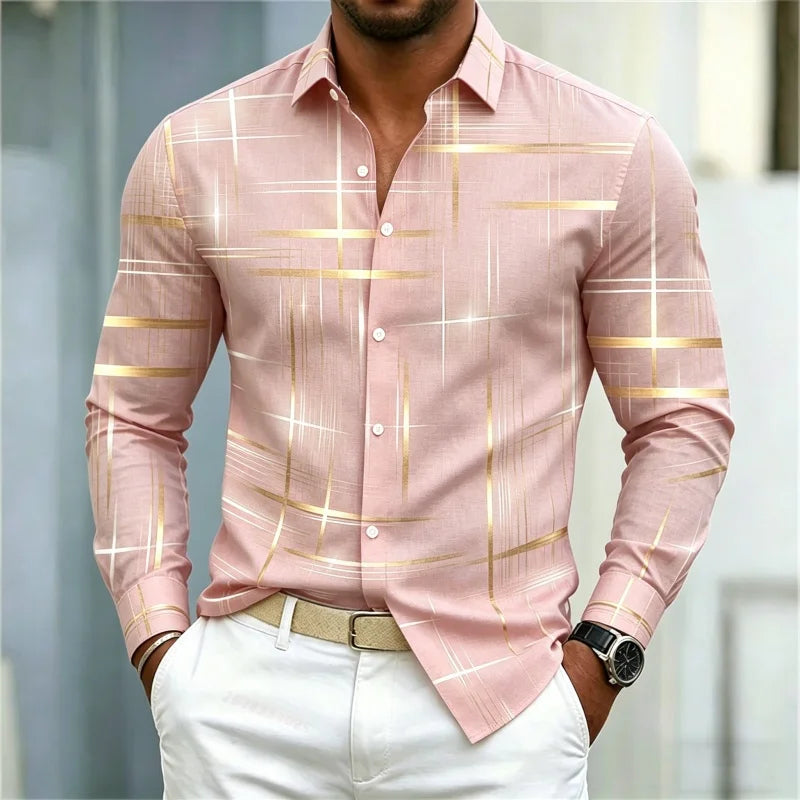 2026 men's shirt with fashionable printed lines, checkered long sleeved shirt, lapel, slim fit, business casual men's shirt
