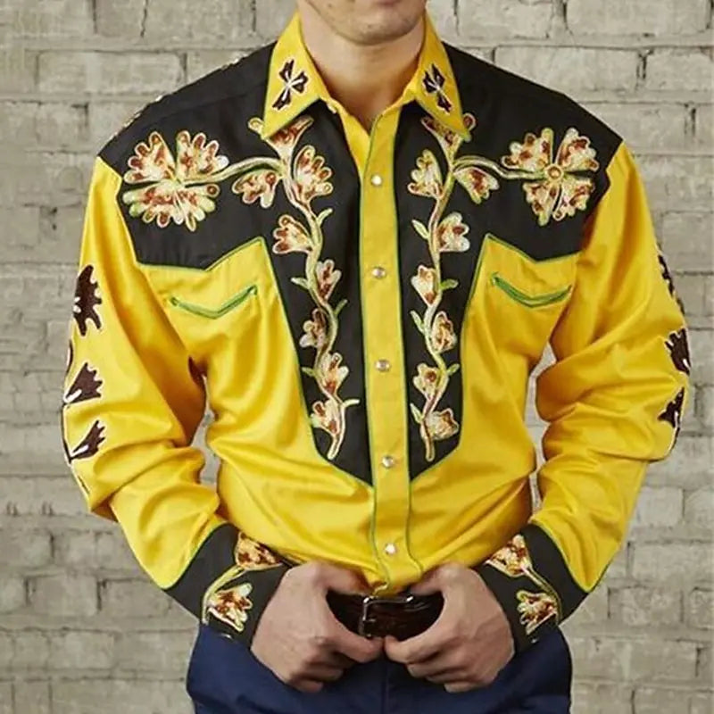 Men's floral leopard print retro western long-sleeve shirt by Showlu Fashion Store, suitable for outdoor street casual wear in autumn and winter.
