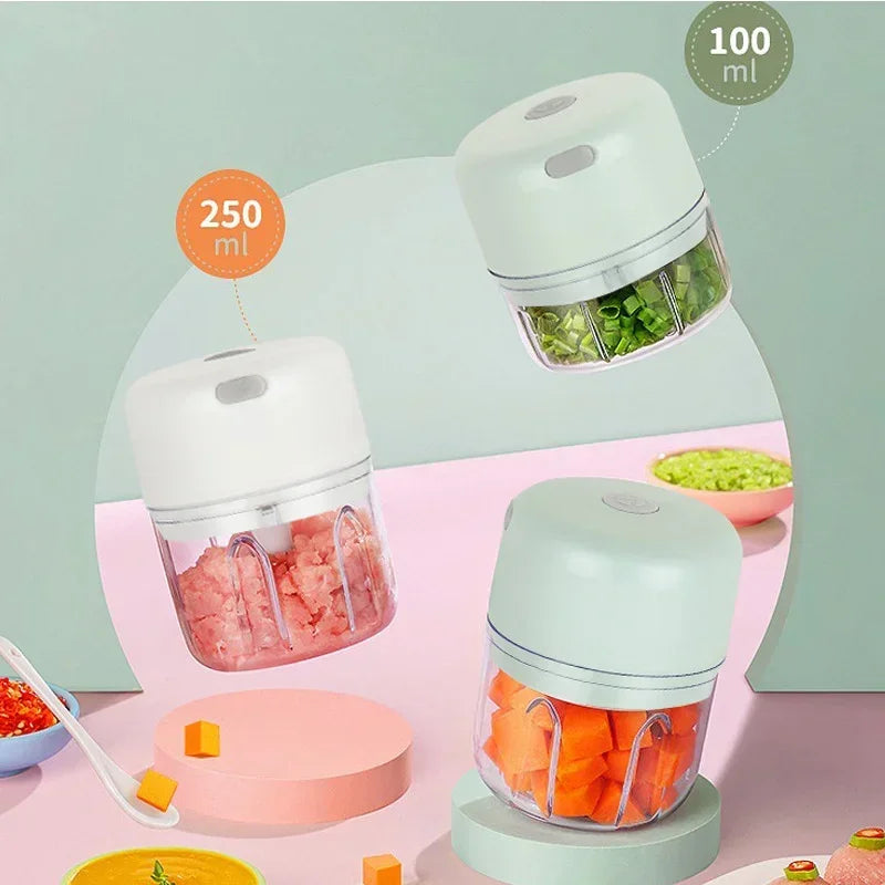Showlu Smart General mini electric garlic grinder with stainless steel grinding chamber and compact design on a white background.