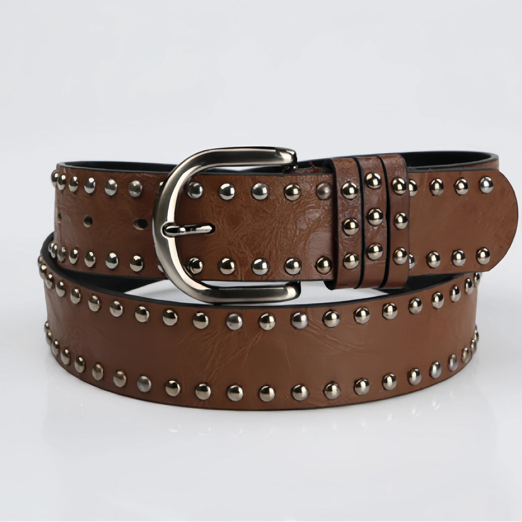 Soft face needle buckle waistband with rivet accents for jeans, stylish and decorative Y2K-inspired fashion accessory.