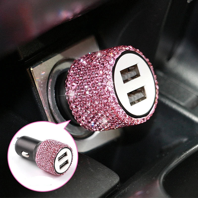 Diamond car charger with dual USB ports and safety hammer by SHOWLU FASHION STORE, featuring sleek design and fast charging capability.