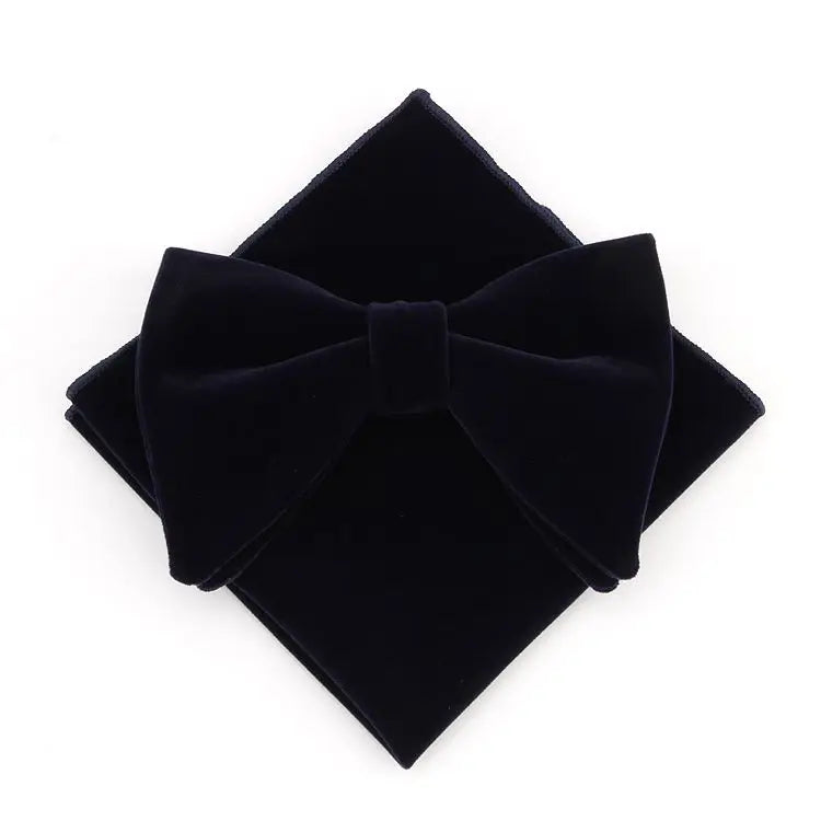 Showlu Fashion men's velvet bowtie, handkerchief, and pocket square set with custom logo for wedding and formal attire.