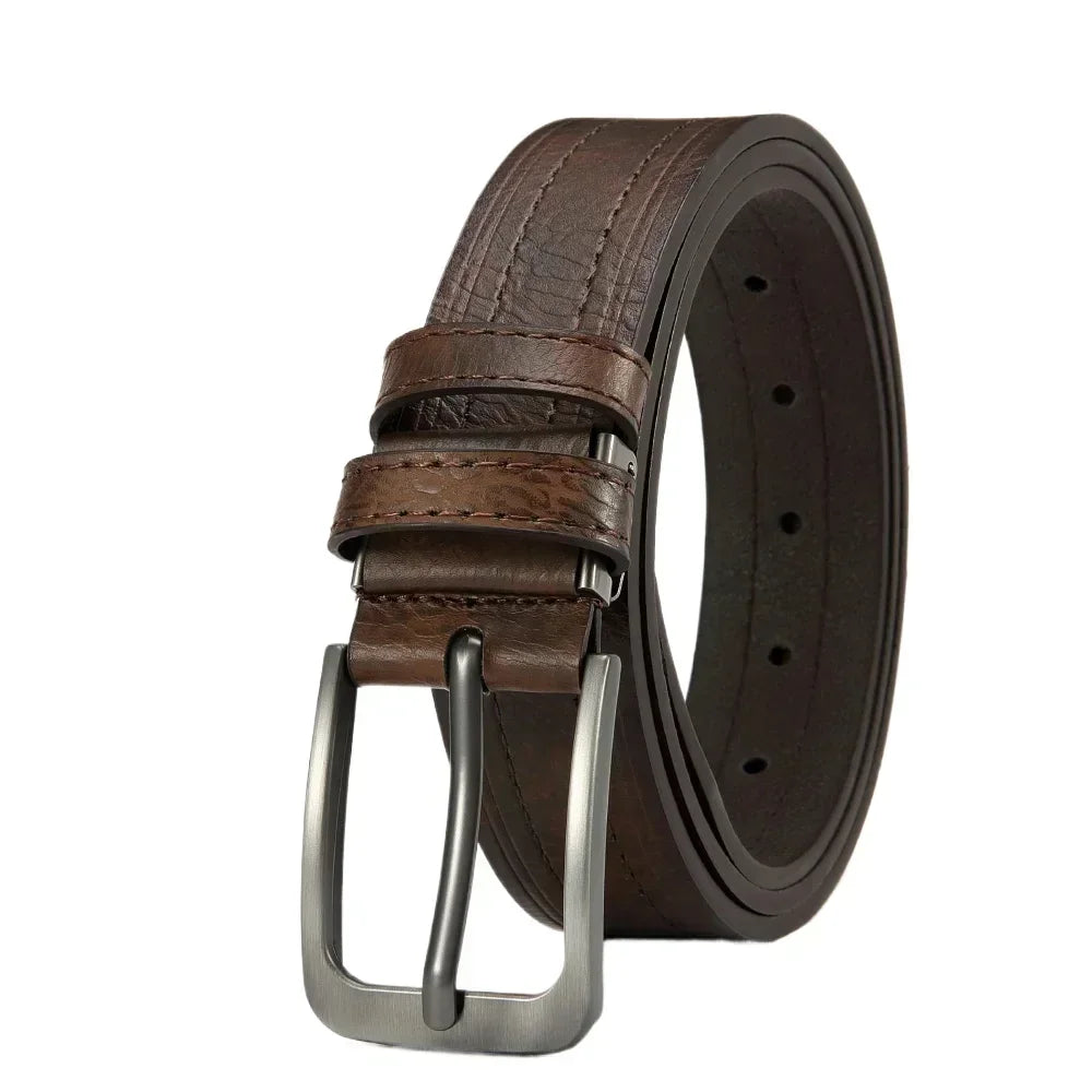 Showlu men's classic leather belt with casual metal pin buckle, featuring smooth brown leather and stylish design.