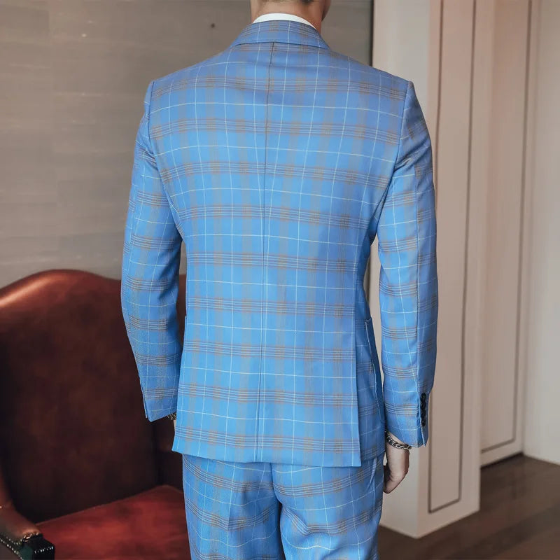 Men's British style plaid three-piece slim fit business suit by Showlu Fashion Store, featuring tailored jacket, vest, and trousers.