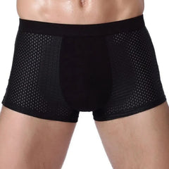 A pair of black men's boxer shorts featuring a breathable mesh design and a solid front panel.