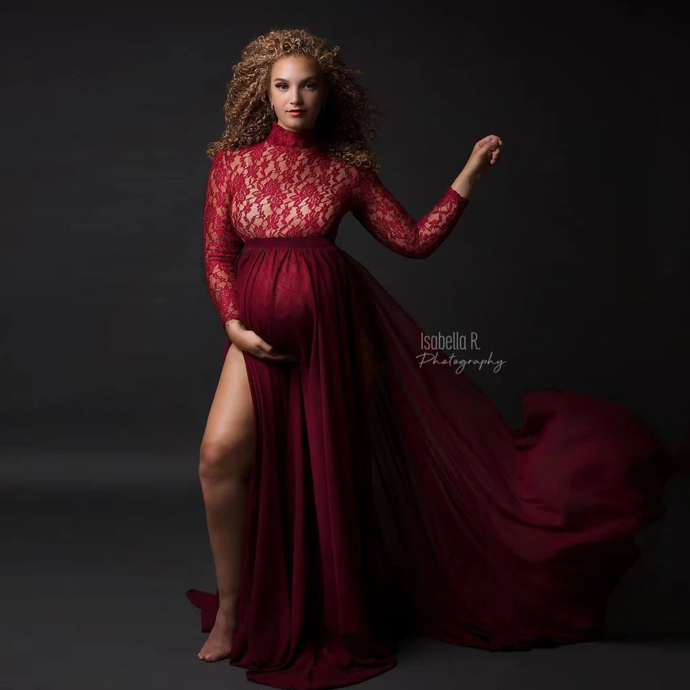 Stretchy lace maternity bodysuit with chiffon sides and slit skirt, perfect for pregnancy photography shoots.