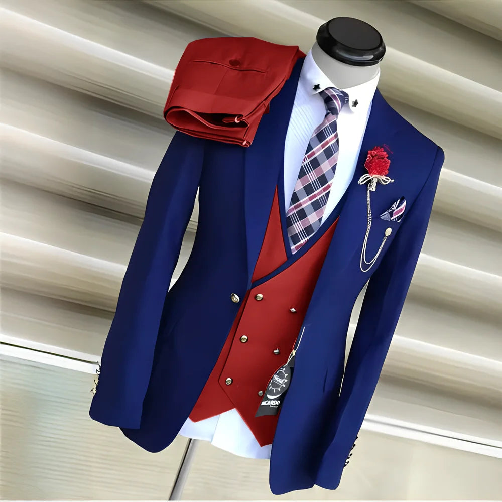 Royal blue men's 3-piece suit with yellow tuxedo jacket, pants, and vest, perfect for wedding or formal occasions.