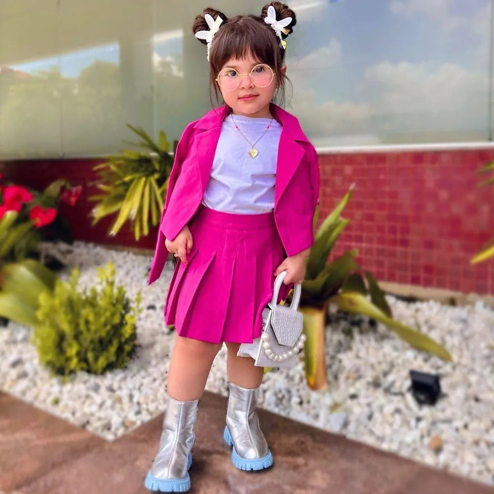 Kids girls autumn 2-piece outfit with long sleeve button coat and pleated plaid skirt, perfect for ages 2 to 8, by Showlu Fashion.