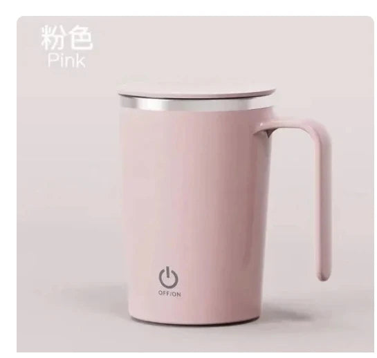 Self-stirring stainless steel coffee mug with magnetic mechanism by Showlu, featuring a sleek design for easy mixing.