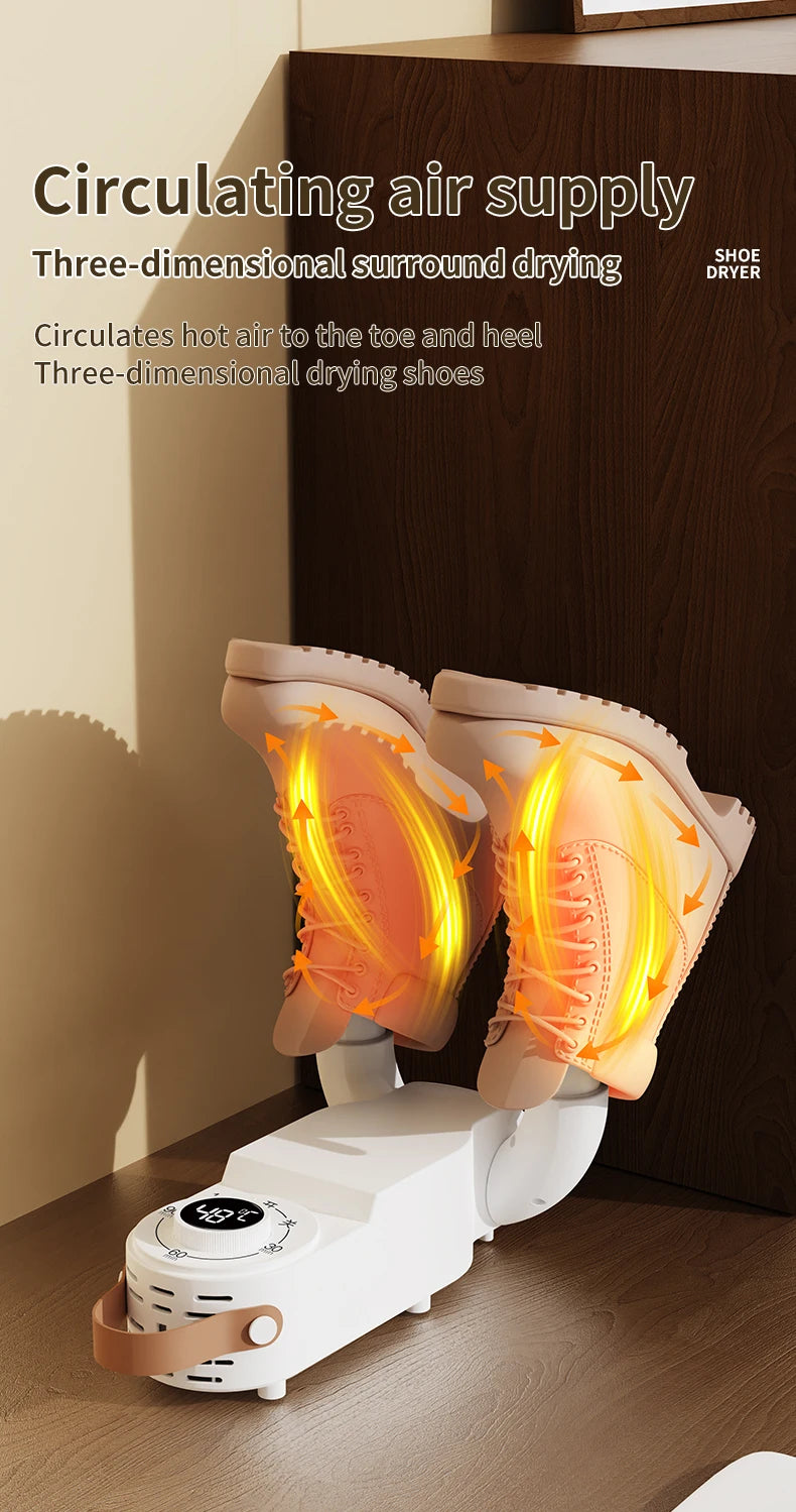 Showlu Smart Electric Shoe Dryer with 150W power, portable design, deodorizer feature, and timer for quick shoe drying.