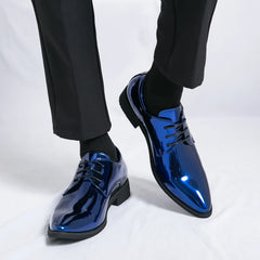 New Gentleman Pointed Blue Green Gold Red Patent Leather Dress Casual Derby Shoes For Men Wedding Homecoming Footwear