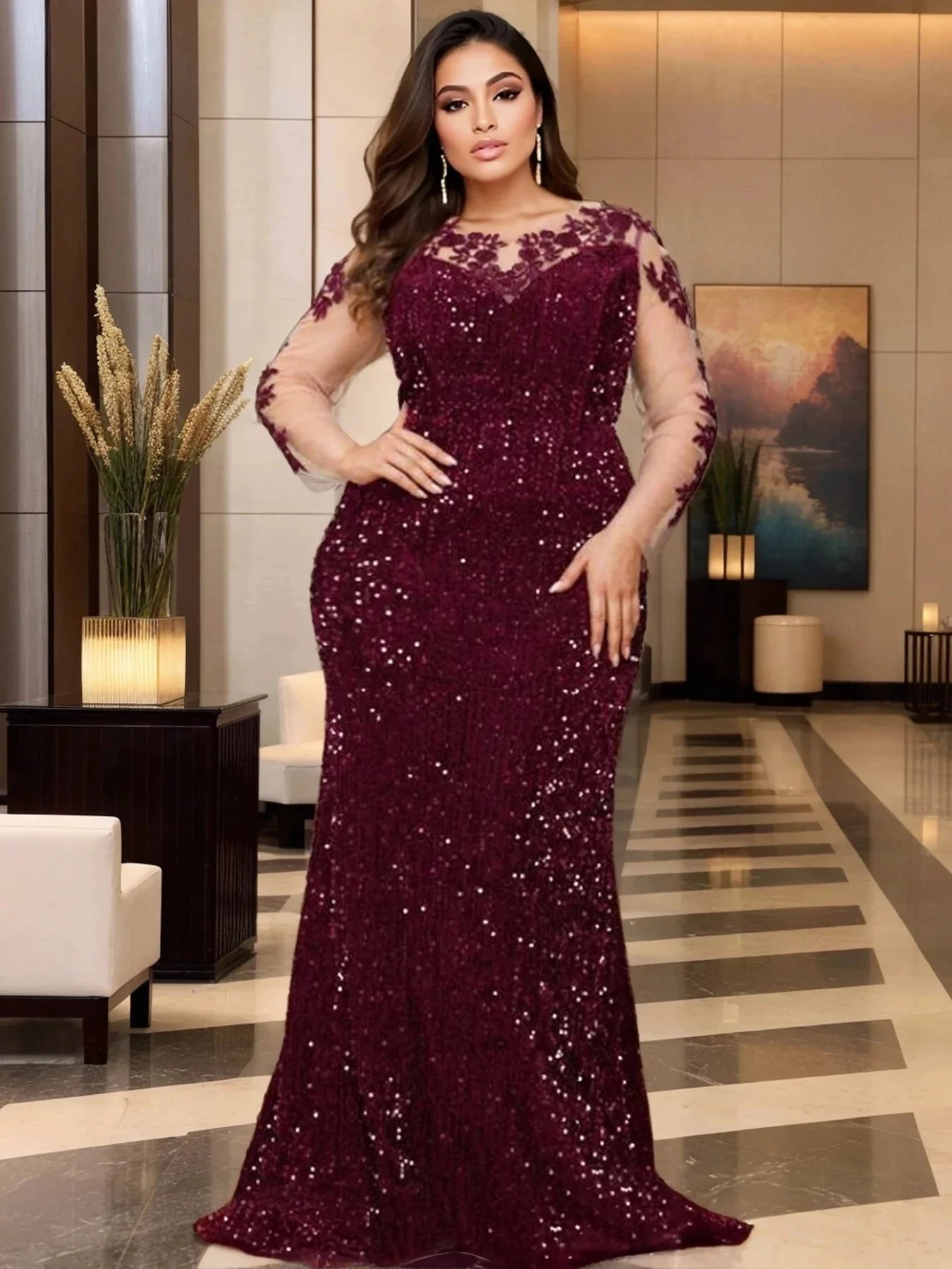 Sequin lace mermaid prom gown with illusion long sleeves from SHOWLU FASHION STORE, featuring intricate detailing and a fitted silhouette.