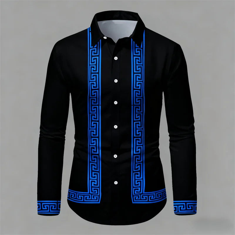 Men's retro geometric print long-sleeve shirt in black and white, slim fit casual top by Showlu Fashion Store.