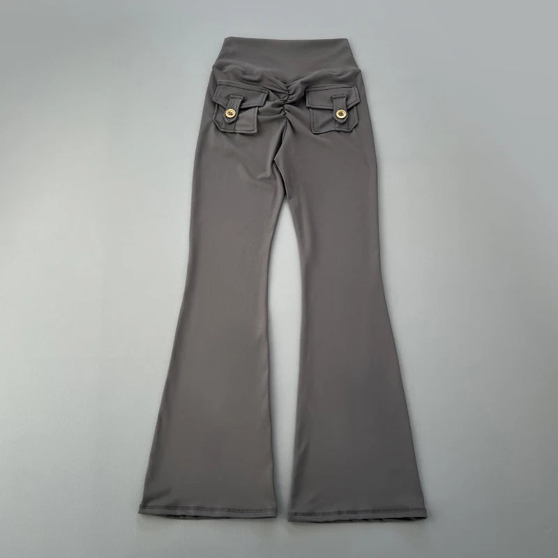 Showlu Fashion Store pocket micro horn yoga pants with hip lifting design, quick-drying fabric for fitness and dance training.