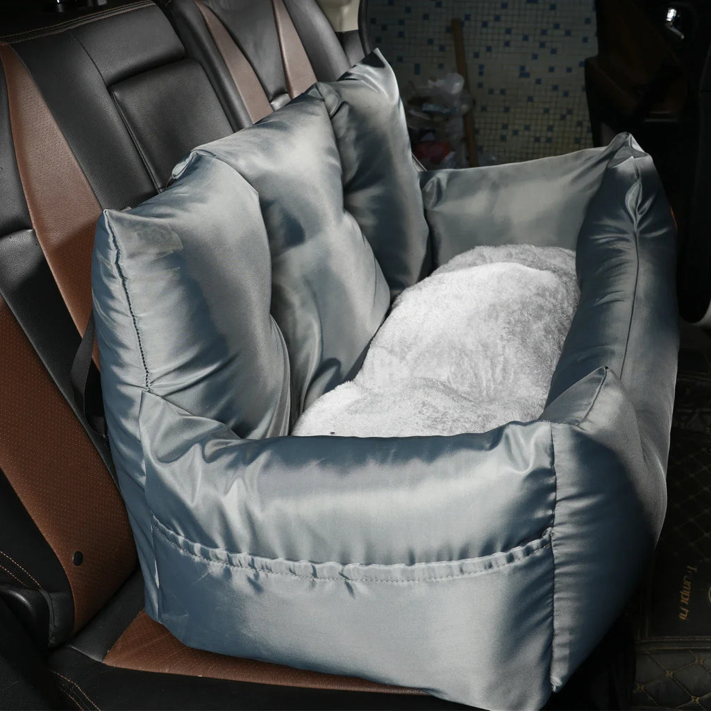 Large suede dog car seat bed by Showlu Fashion Store, plush travel bolster pet carrier with comfortable interior for pets.