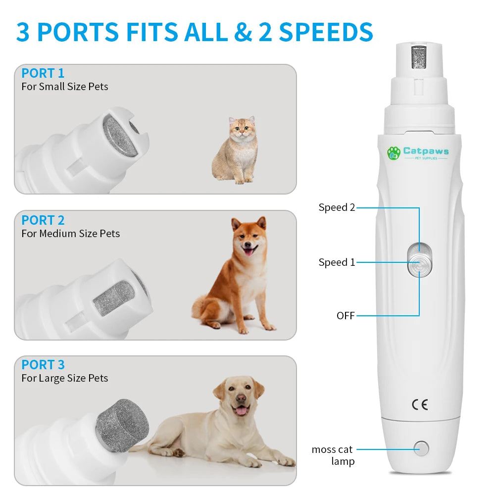 Electric pet nail grinder with LED light, rechargeable USB dog nail trimmer for safe and easy nail grooming.