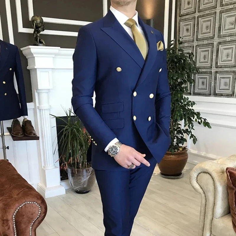 SHOWLU Men's slim fit double-breasted wedding tuxedo suit with matching trousers, tailored for a sophisticated formal look.