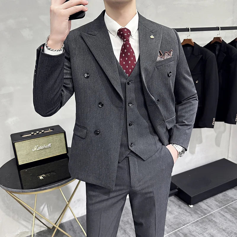 S-7XL (Jacket+Vest+Pants) Fashion Boutique Lattice Formal Business Mens Suit 3Pcs Set Groom Wedding Dress Plaid Suit Show Stage SHOWLU FASHION STORE