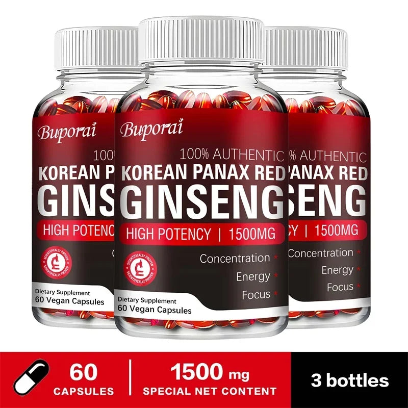 Korean Red Panax Ginseng supplement for energy, endurance, vitality, and immune support in a capsule bottle.