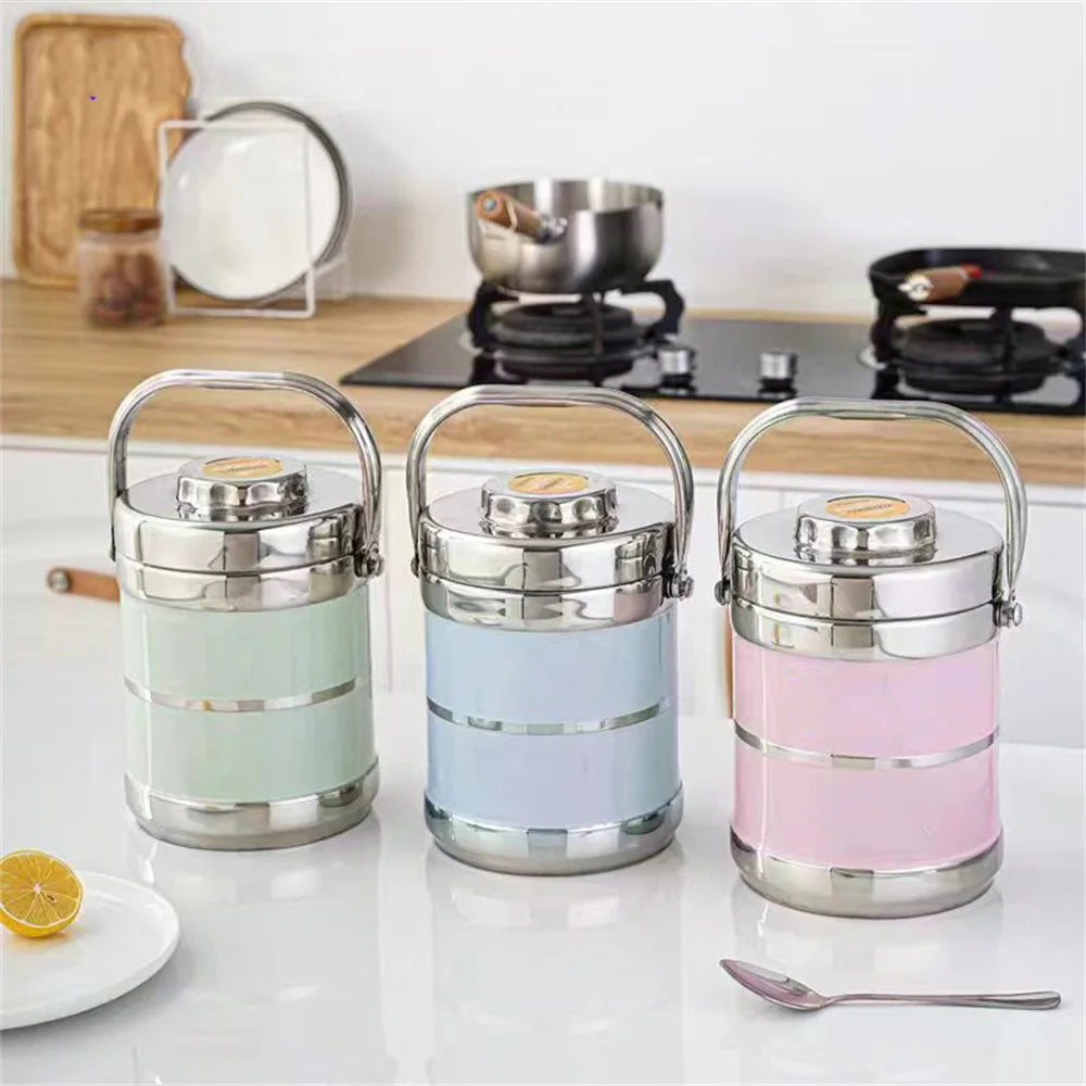 Stainless steel insulated lunch box with 1400ML capacity, durable portable food container for adults and kids, shown in a kitchen setting.