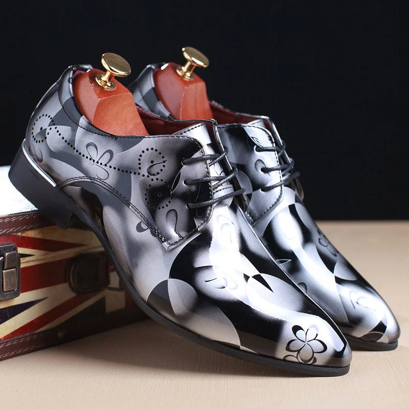 Men's floral patent leather Oxford shoes by Showlu Fashion Store, formal wedding dress shoes with elegant floral design and shiny finish.
