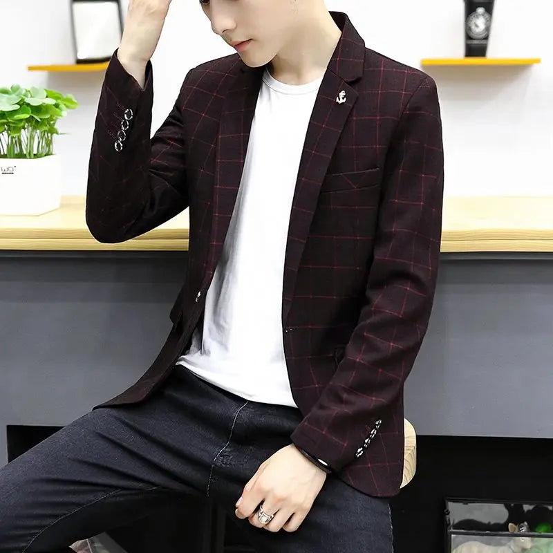 Men's slim fit striped plaid blazer by SHOWLU FASHION STORE, casual Korean style jacket with tailored fit and stylish pattern.