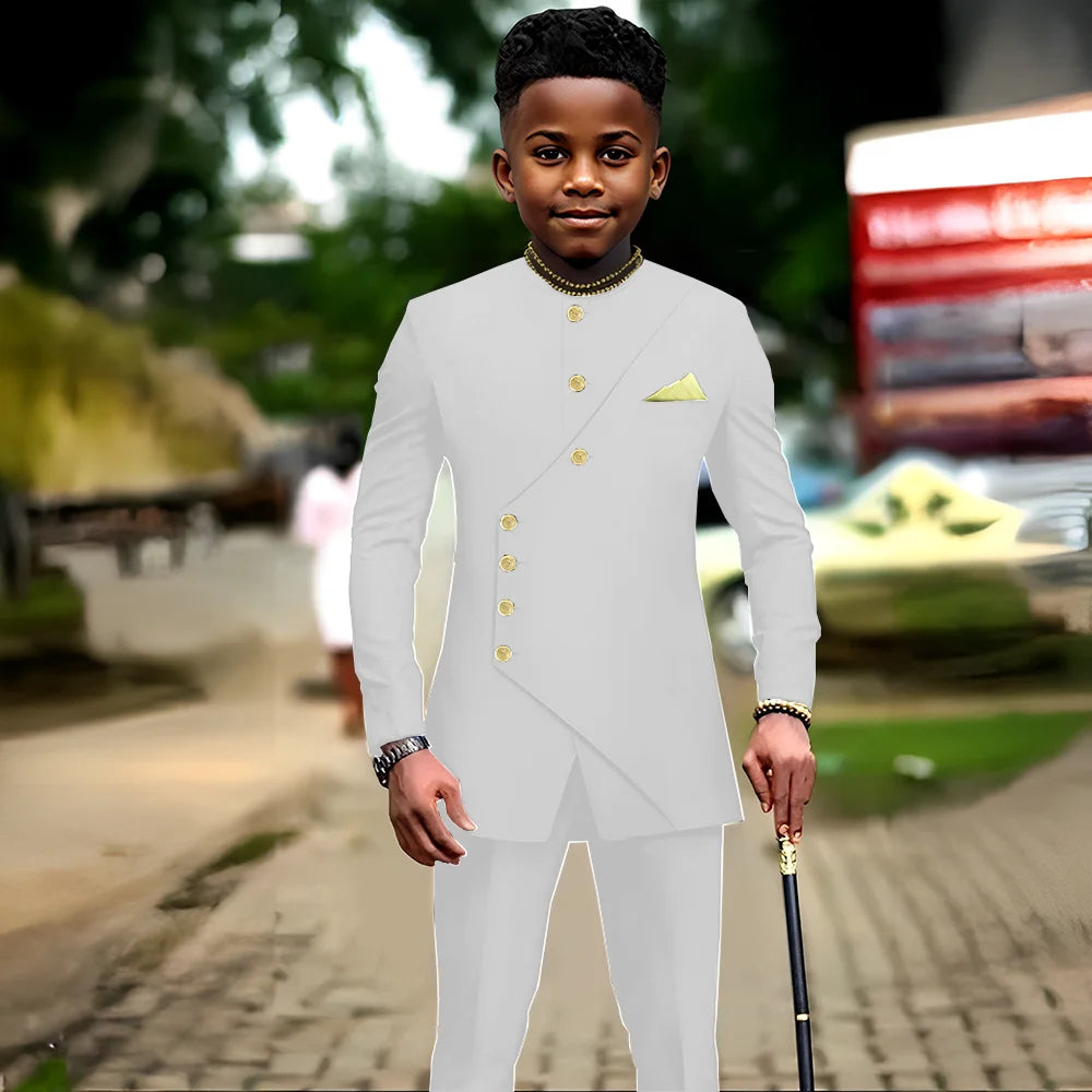 African boys' 2-piece suit jacket and pants by Showlu Fashion Store, suitable for parties and weddings for ages 2 to 16.
