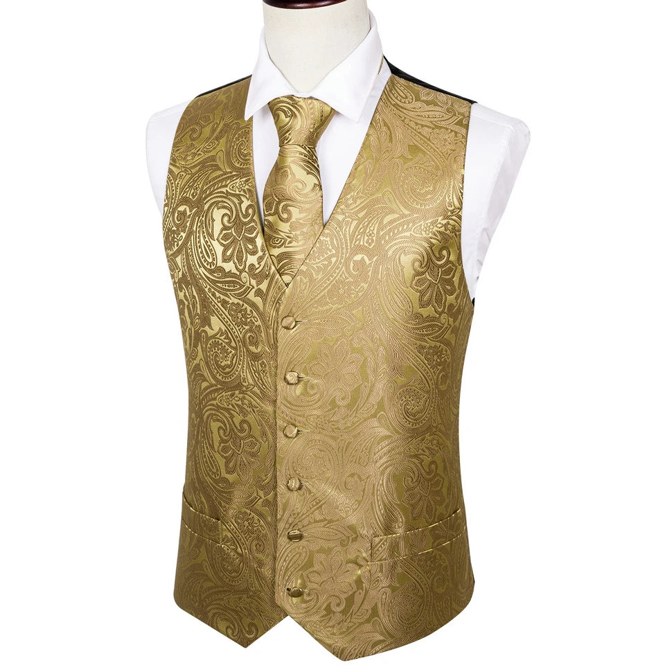 Men's luxury golden floral paisley V-collar vest with cufflinks, featuring a waistcoat and matching handkerchief for wedding or daily wear.
