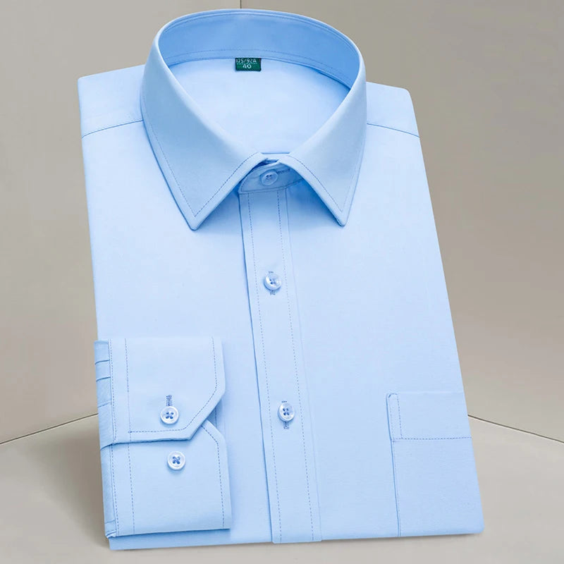 Men's classic contrast stitching long sleeve dress shirt with front placket, semi-formal style, ideal for business and office wear