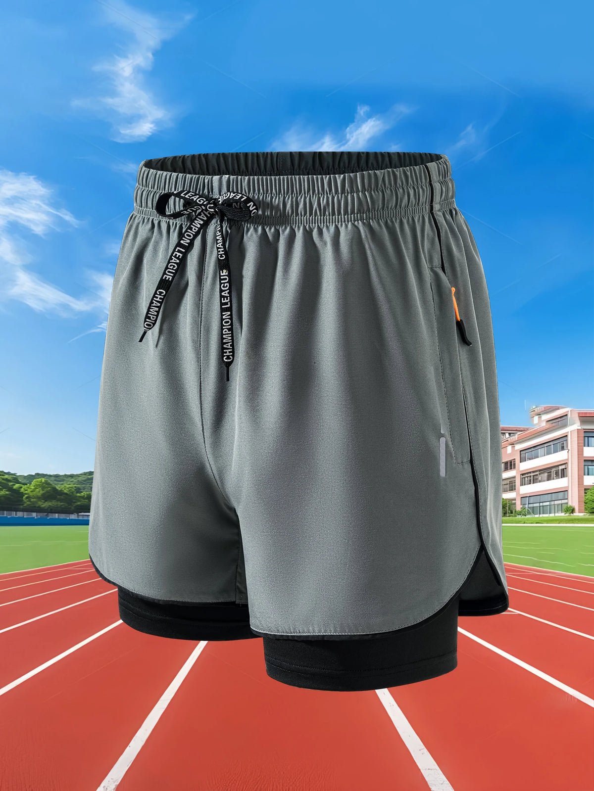 Men's summer running shorts by Showlu Fashion, 2-in-1 fitness gym training shorts with quick-dry fabric and double deck design.