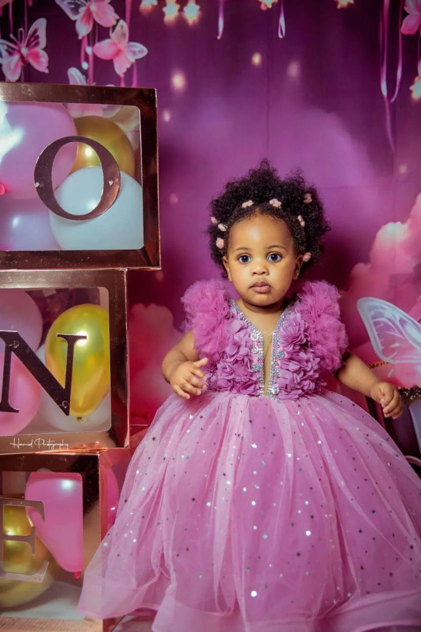 Dusty Pink Girls Birthday Party Dress Customized Tulle Flower Girl Dresses Short Sleeve Princess Queen Ball Gown for Photoshoot