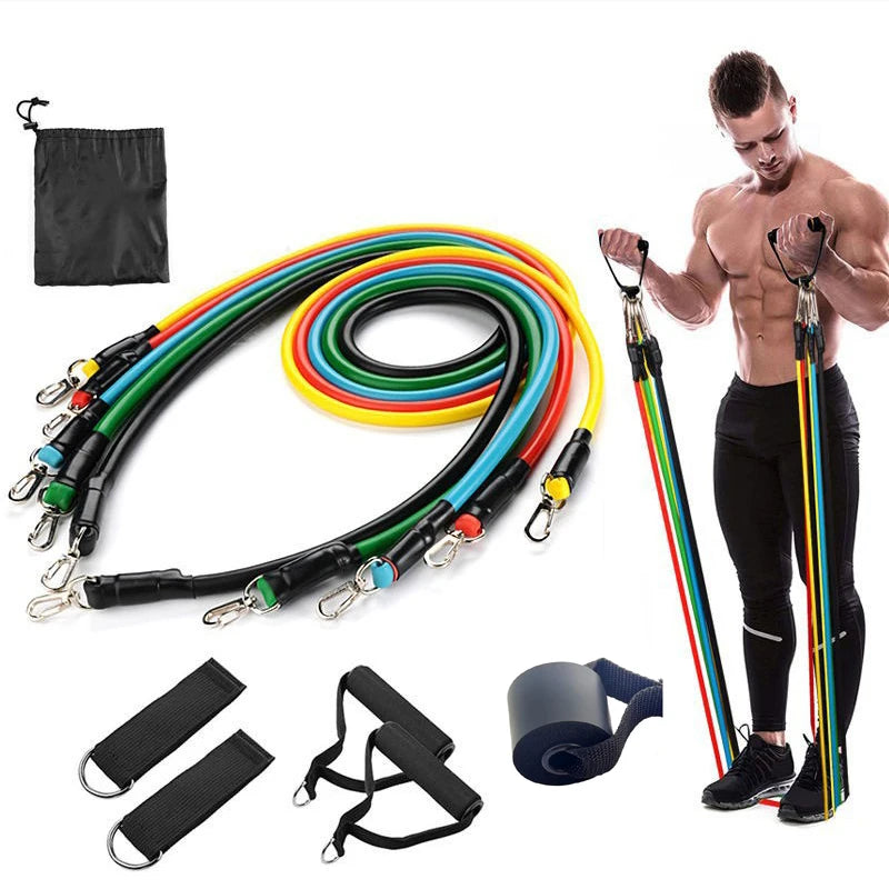 Showlu Fashion TPE resistance band set with handles, door anchor, ankle straps, and carry bag for versatile strength training exercises.