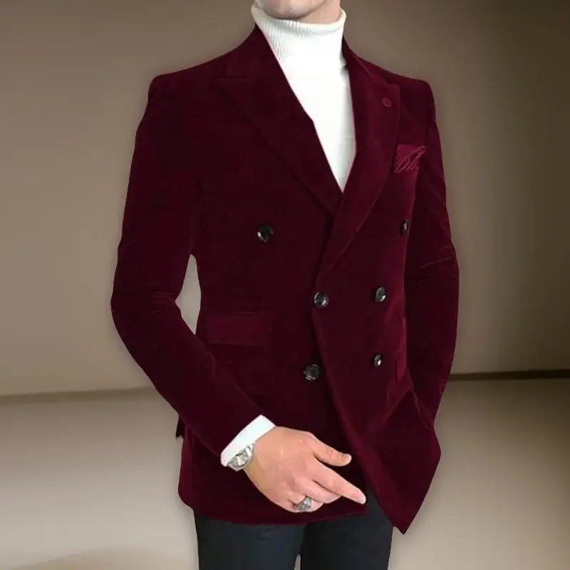Elegant Italian style men's slim fit velvet suit jacket with peak lapels, double-breasted blazer for formal occasions.