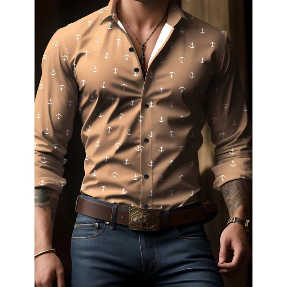 Men's check print long sleeve button down shirt with flip lapel, oversized style, perfect for spring and autumn outdoor streetwear.