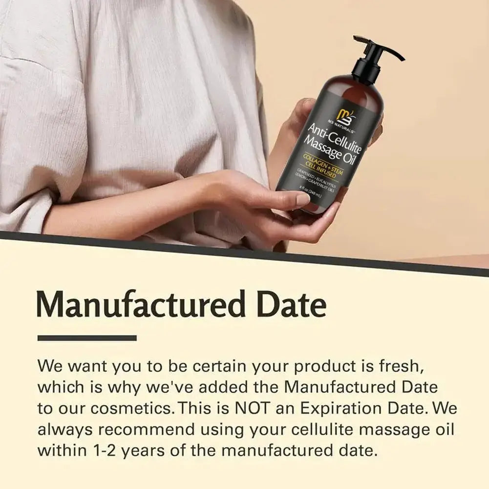 Anti-cellulite massage oil by M3 Naturals with collagen and grapeseed, 240ml, shown in a clear bottle with a pump dispenser.