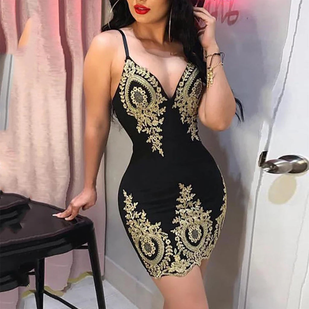 Sexy summer party halter dress by Showlu Fashion Store, sleeveless slim-fit mini dress with low neckline and halter back detail.
