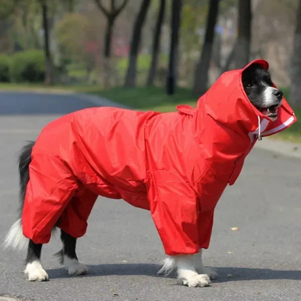 Large waterproof dog raincoat hoodie with PU leather poncho design by Showlu Fashion, suitable for keeping big dogs dry in the rain.