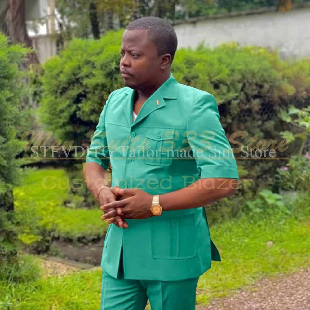 Safari Men’s African fashion suit set with short sleeve jacket and pants, featuring single-breasted, stand notch lapel design.