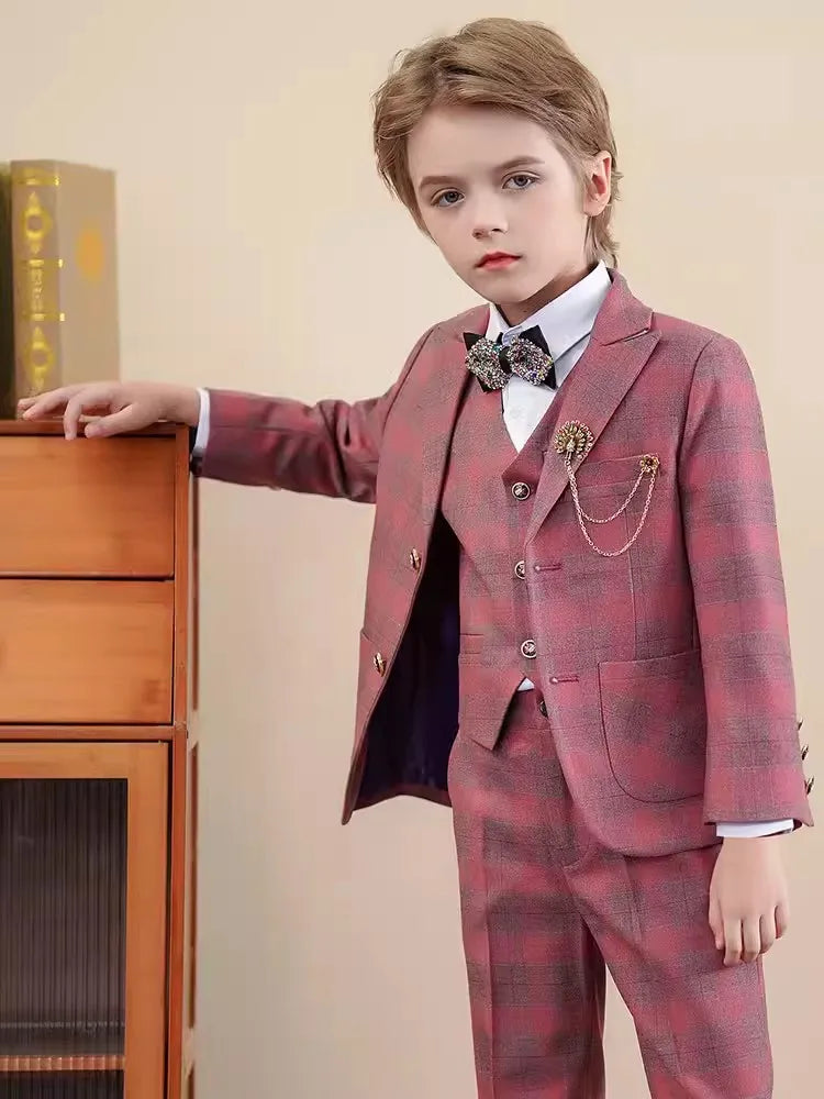 Red boys' tuxedo suit by SHOWLU FASHION STORE, featuring a 3-piece set with jacket, vest, and pants for kids' weddings or parties.