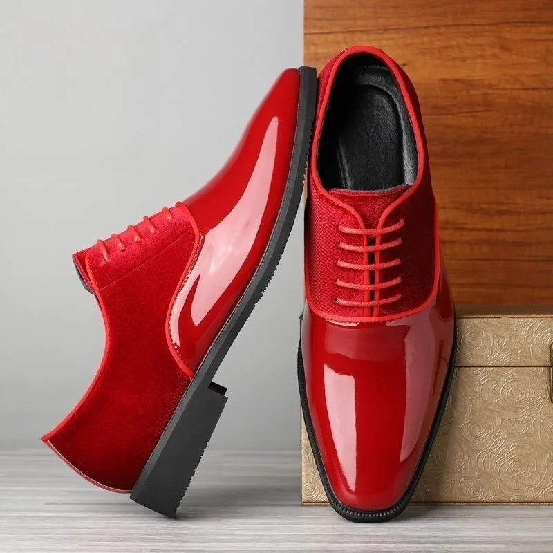 Showlu Fashion men's oxford shoes in yellow, blue, red, and black patent leather for formal, casual, or wedding wear.