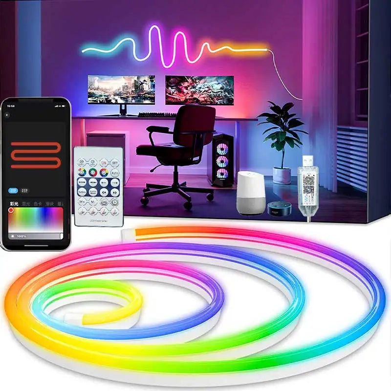 RGBIC Neon LED strip light by Showlu Smart General with Bluetooth app control, showing colorful illuminated flexible LED lighting.
